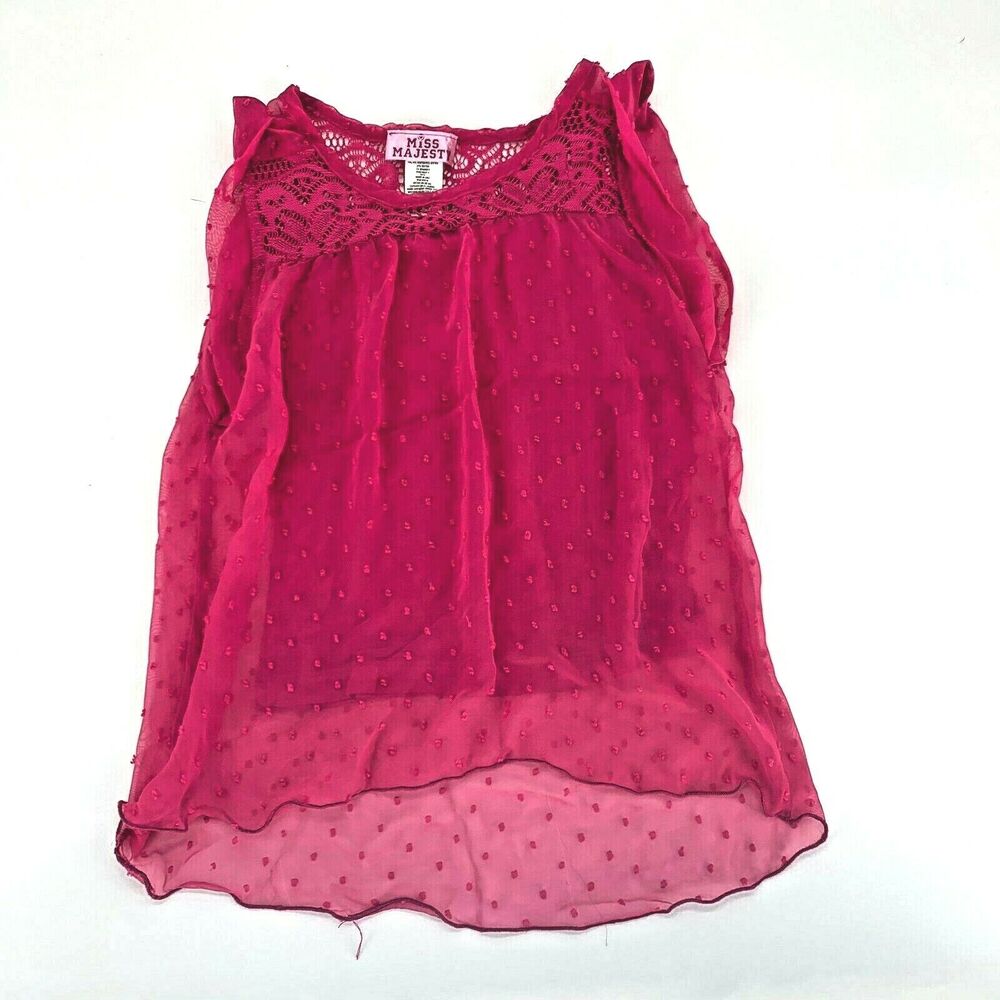 Miss Majesty Girls Blouse Lace Overlay Polka Dot Pink Sleeveless Sz S 7/8 